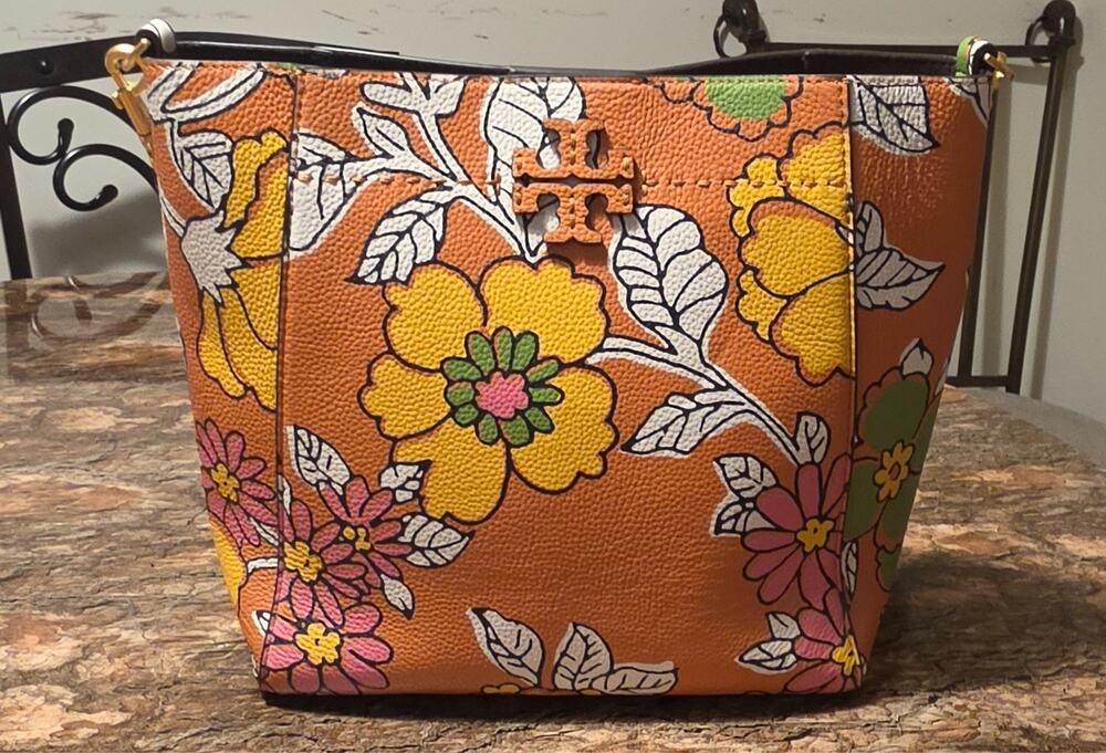Tory Burch Orange Floral Shoulder Bag Detachable Strap Gold Logo